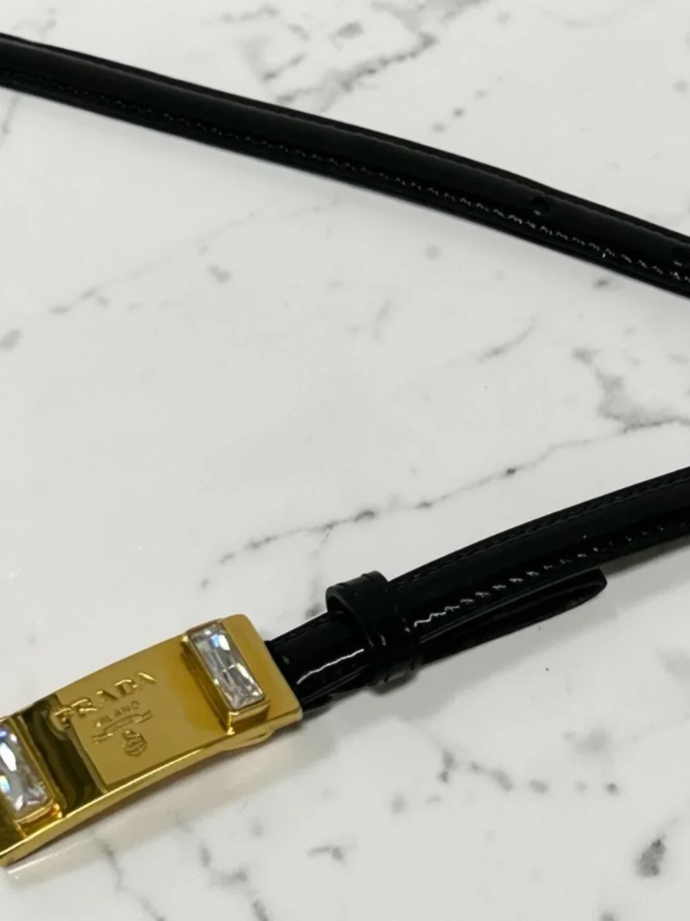 Prada Black Patent Leather Belt with Crystal-Embellished Gold Buckle